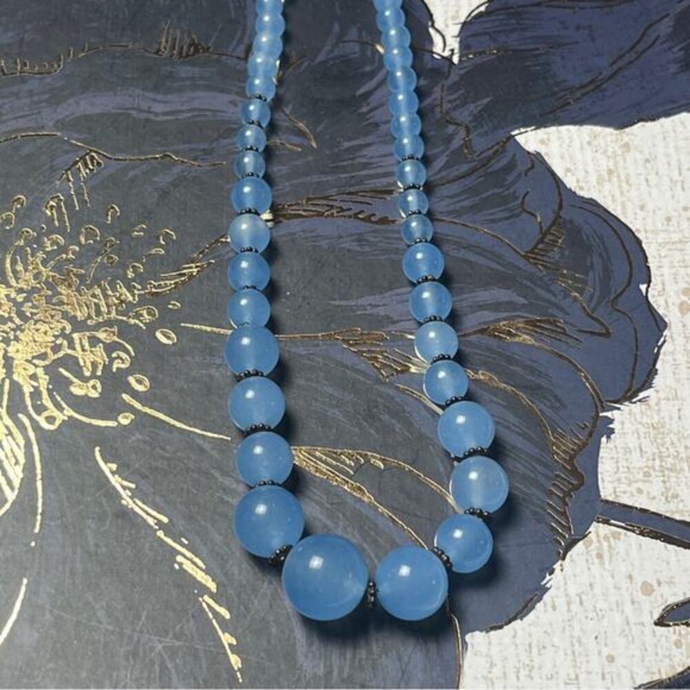 Estate Vintage Elegant Blue Glass and Dark Oxidized Silver Beaded Necklace D2